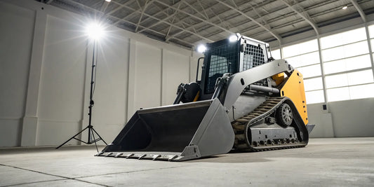 Skid steer with a durable low profile bucket for grading and leveling.