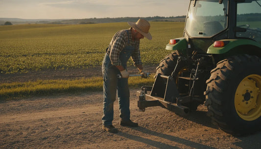 Farmer standing beside a compact tractor with a steel three-point hitch adapter assembly behind the rear