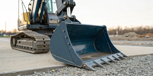 A V ditch bucket for a mini excavator, with an angled design for creating sloped drainage trenches.