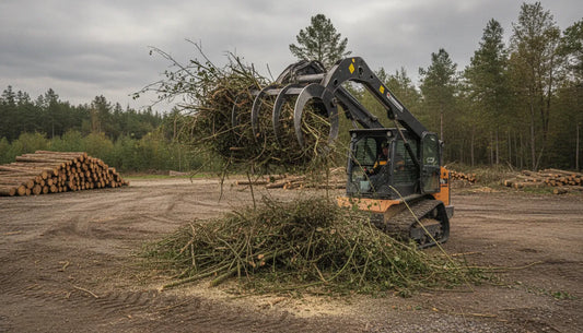 A skid steer loader with a heavy-duty brush grapple holding a pile of cleared brush on a land clearing site