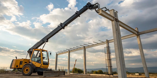 Yellow forklift with a jib boom crane lifting a steel beam at a construction site.