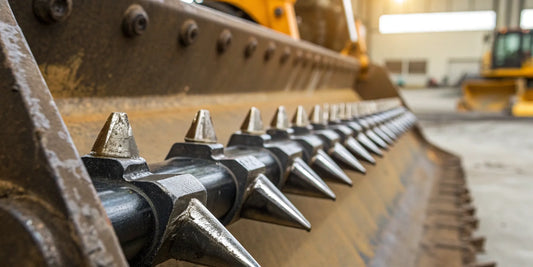 Bolt-on skid steer bucket teeth installed on a loader's cutting edge.