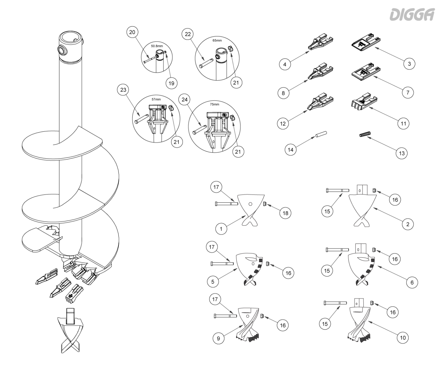 Digga A4 auger bit wear parts assembly diagram