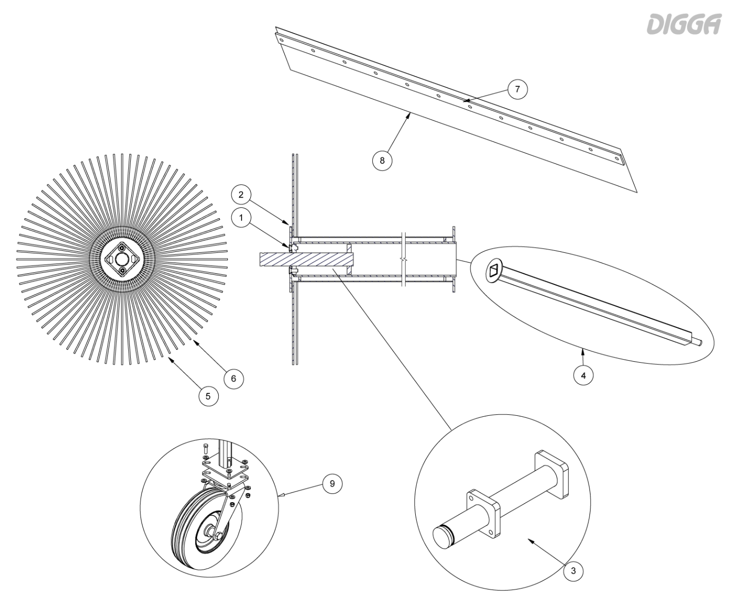 Digga angle broom wear parts assembly diagram