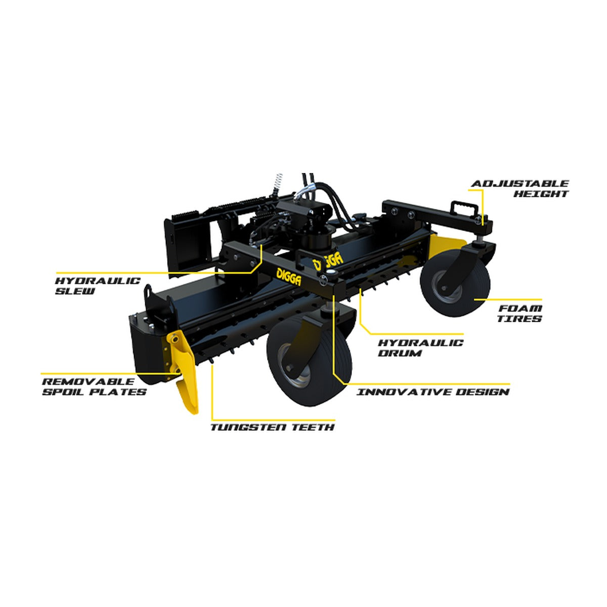 Digga power rake features — hydraulic slew, tungsten teeth, foam tires, removable spoil plates