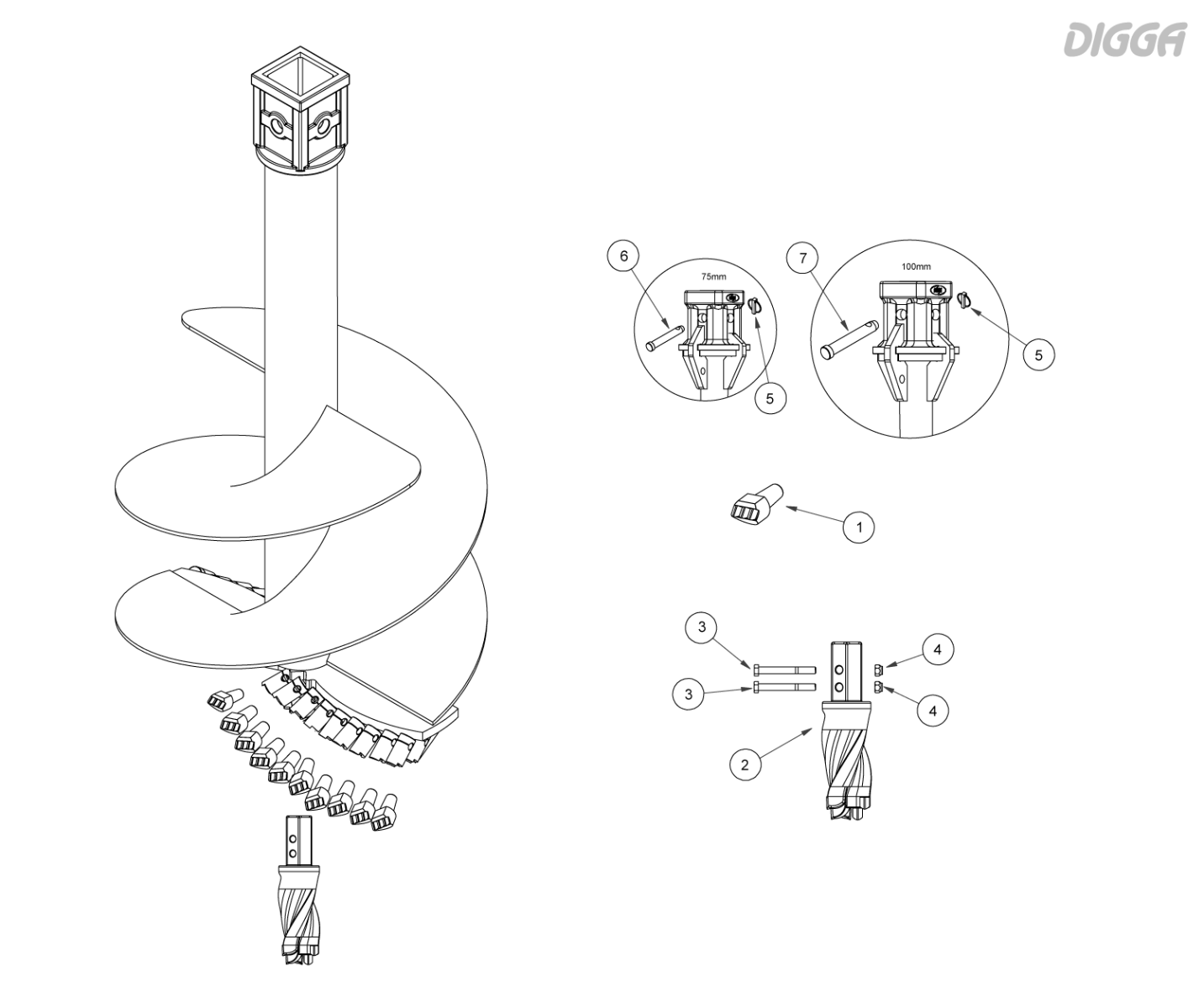 Digga RC11 auger bit wear parts assembly diagram