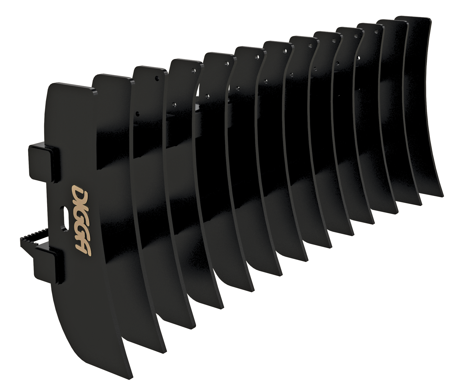 Digga 84 inch skid steer root rake with safety guard